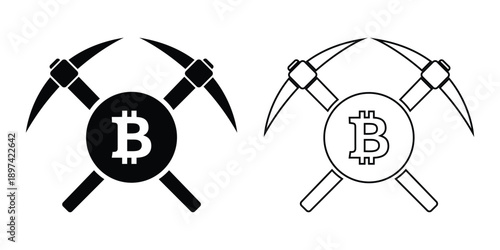 Bitcoin Cryptocurrency Mining Icon with Pickaxe Tools Vector