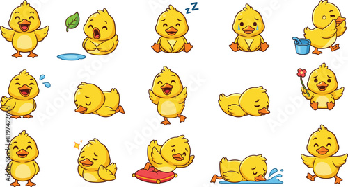 Cute Chick Cartoon Illustration Set Showing Baby Chicken Sleeping, Crying, Drinking, and Playing for Kids and Farm Design
