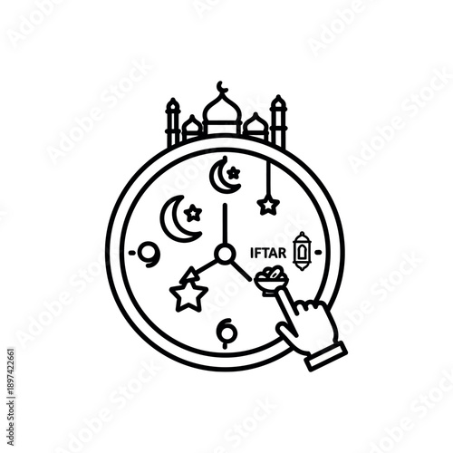 Hand draws iftar clock with moon, stars, and mosque, signaling breaking fast.