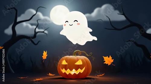 Floating Friendly Ghost Over a Luminous Halloween Pumpkin in a Moonlit Scene