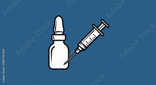 Minimalist graphic of a medical vial and syringe on a blue background