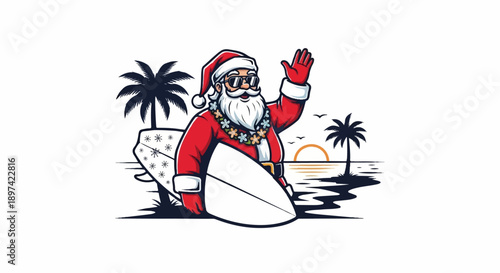 A cheerful Santa Claus in sunglasses and a lei waves hello while holding a surfboard on a tropical beach at sunset