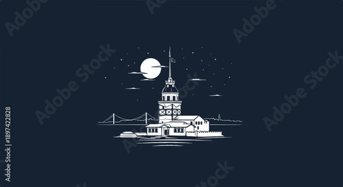 Stylized night scene with a moonlit tower and bridge