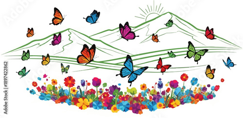Stylized mountains under a rising sun, with numerous colorful butterflies fluttering above a vibrant floral meadow