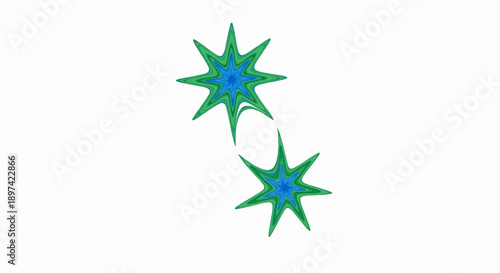 Two abstract green and blue starburst shapes floating on a white background