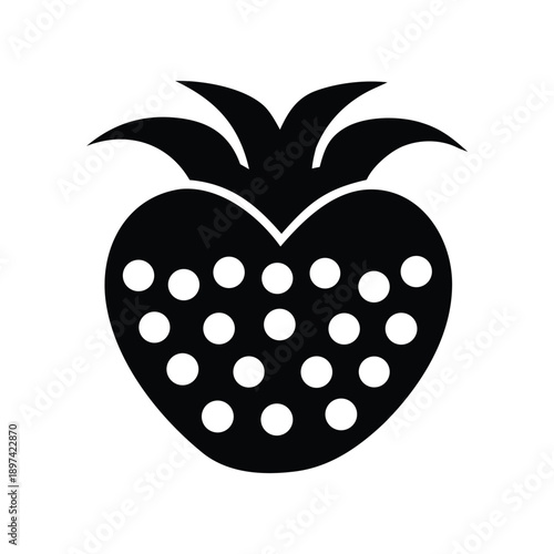 Black and white graphic illustration of a strawberry with seeds, suitable for various design projects