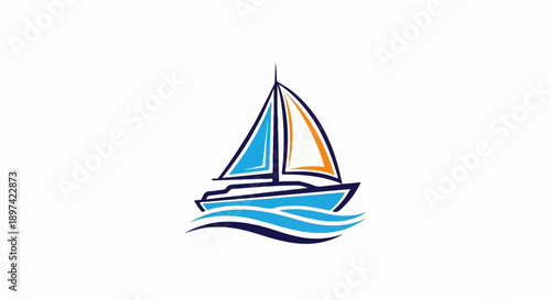Stylized sailboat with blue and orange sails glides on blue waves
