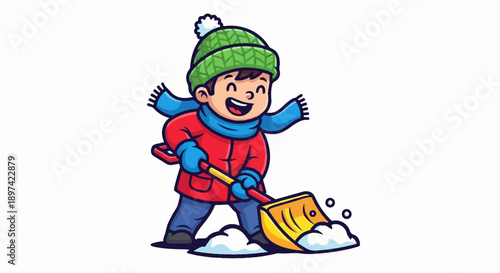 Cheerful child in winter gear shovels snow with a yellow shovel, playing happily