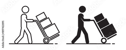 Delivery Man Pushing Hand Truck with Boxes Vector Icon