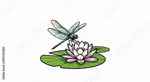A delicate dragonfly perches on a soft pink water lily blossom