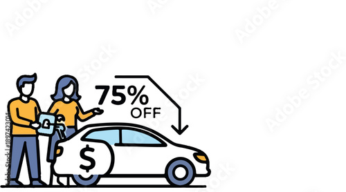 A couple is presented with a deal for a car, indicated by a 75% off offer and a dollar sign