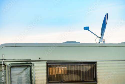 Satellite dish on roof of motor home