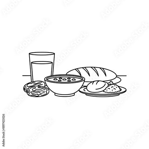 Illustration of breakfast meal with bread, cereal, and drink on table viewed from straight on