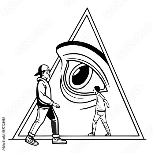 a man with a dark shadowy figure, mythological supernatural being, abstract surreal concept, bold black and white linework, minimalistic geometric design, occult symbolism
