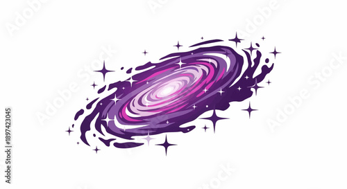 Swirling purple and pink galaxy with bright starbursts on a white background