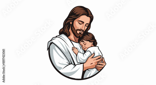 A tender depiction of a figure with a beard and long hair holding a sleeping child