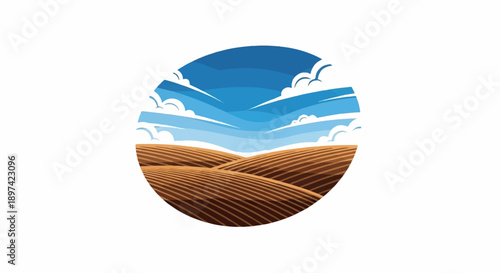 Stylized rural landscape with plowed fields under a blue sky with clouds