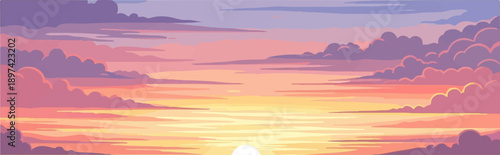 Pixelated sunset with vibrant pink, orange, and yellow clouds and sky