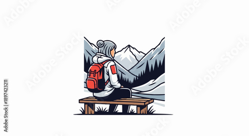 Person with backpack sits on bench overlooking snowy mountains