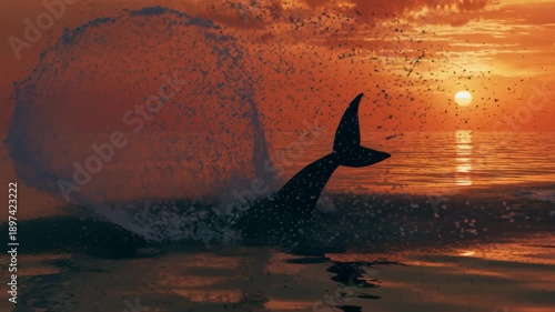 Dolphin jumping out of the ocean water at sunset with beautiful sky
