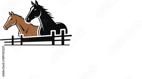 Two horses, one brown, one black, behind a simple wooden fence