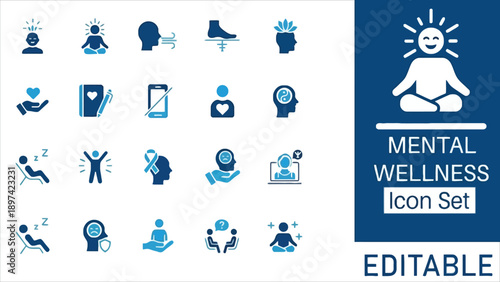  Mental wellness flat icon set with meditation, therapy, anxiety relief, and self-care symbols. Ideal for psychology, counseling, and well-being applications