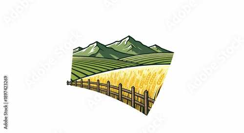 Golden wheat field with rolling green hills and majestic mountains