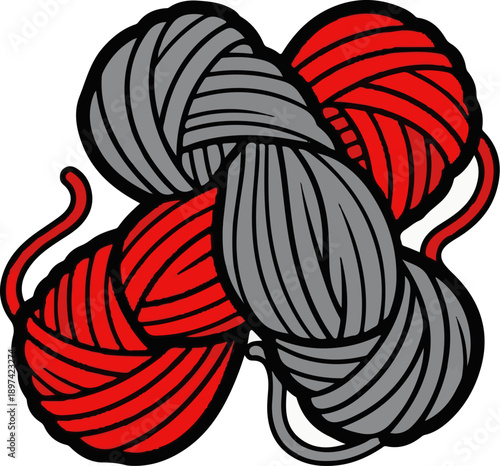 Red and gray yarn balls are intertwined in a knot-like pattern, with loose strands extending