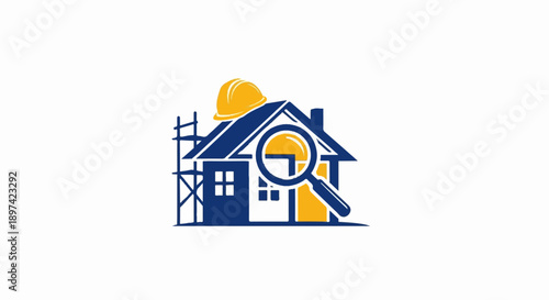 Stylized house with hard hat, magnifying glass, and scaffolding
