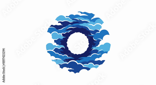 Abstract blue clouds form a circular opening against a white background