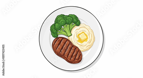 A grilled steak with mashed potatoes and a side of broccoli