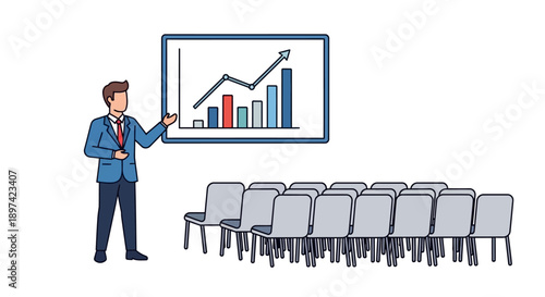 Business presentation with a speaker in front of a bar graph chart and rows of chairs in a conference room