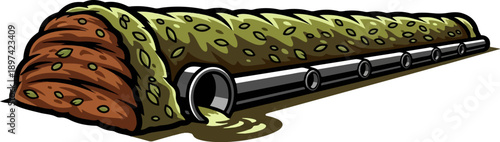 Subsurface drainage system with pipes emerging from soil and foliage