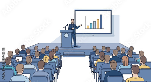 Business presentation with a speaker and audience in a conference hall with a chart on screen