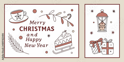 Merry Christmas and Happy New Year Greeting Card – Festive Cup, Cake Sleigh, Lantern and Gift Illustration in Warm Red and Brown Holiday Design