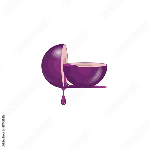 A broken egg yolk illustration with purple hue and dripping effect on a white background
