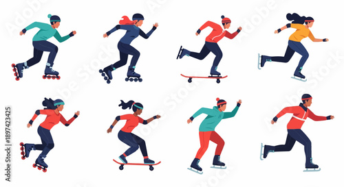 Diverse individuals engaged in various winter wheeled and bladed sports