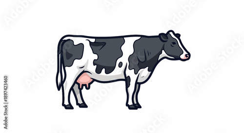 A black and white cartoon cow with pink udder stands sideways