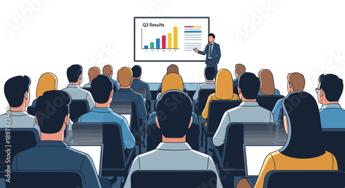 Business meeting with presentation and audience in a conference room