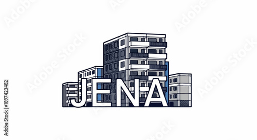 Stylized apartment buildings forming the letters "JENA" against a white background