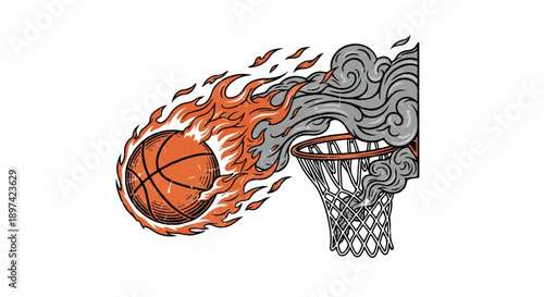 A basketball ablaze with orange flames and grey smoke is soaring towards a basketball hoop