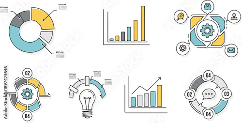Hand-drawn infographics showcase pie charts, bar graphs, cyclical processes, and a lightbulb idea