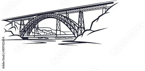 A stylized, graphic illustration of a large arched bridge spanning a river, framed by rocky cliffs