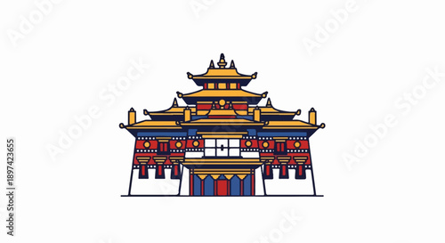 Ornate, multi-tiered temple structure with traditional architectural elements and vibrant colors
