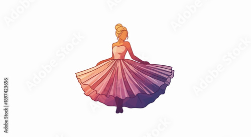 Woman in flowing pink and purple dress, twirling gracefully