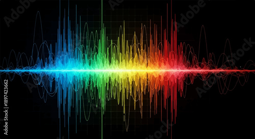 Vibrant spectrum of sound waves displayed against a dark, textured background