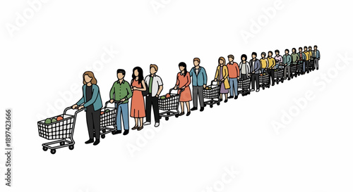 Diverse group of people with shopping carts forming a long queue