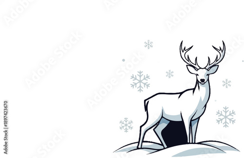 Majestic stag stands proudly on snowy ground amidst falling snowflakes