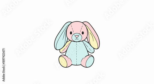 A pastel colored bunny plush toy with stitched details sits centered on a white background
