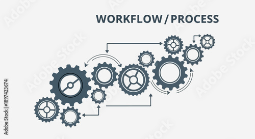 Interconnected gears illustrate a dynamic workflow or process flow